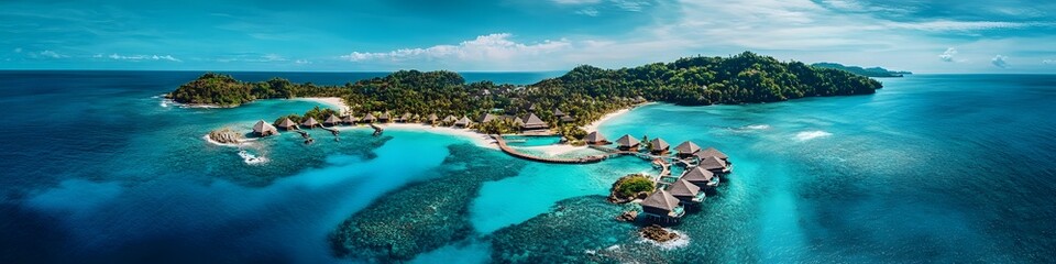 Poster - A panoramic view of overwater bungalows surrounded by vibrant turquoise waters under a bright blue sky. with gentle waves lapping the shore. in 4K resolution