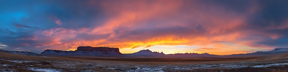 Poster - Panoramic view of Monument Valley. with towering red sandstone formations glowing under a vibrant orange sky at dusk. in 4K resolution