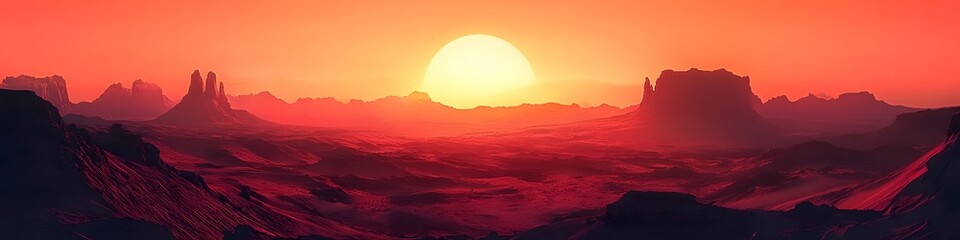 Poster - Panoramic view of Monument Valley. with towering red sandstone formations glowing under a vibrant orange sky at dusk. in 4K resolution