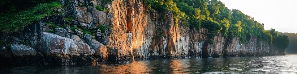 Poster - Panoramic shot of the fjords rugged cliffs glowing under soft golden light. with lush greenery clinging to the steep rock faces. in 4K resolution