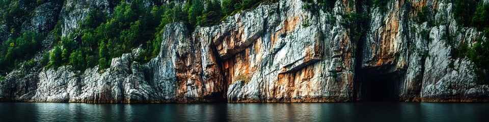 Poster - Panoramic shot of the fjords rugged cliffs glowing under soft golden light. with lush greenery clinging to the steep rock faces. in 4K resolution