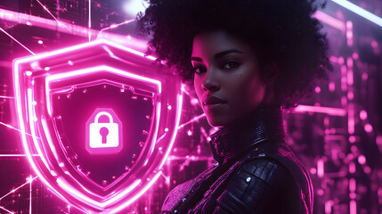 futuristic woman stands beside glowing digital shield with lock icon, symbolizing security