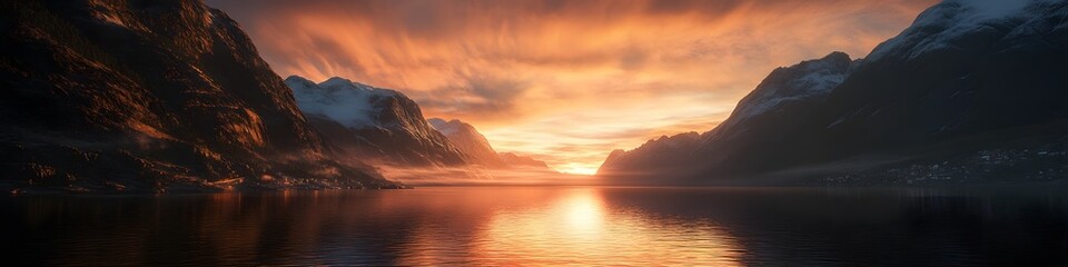 Poster - Wide shot of the fjord illuminated by the first light of dawn. with vibrant orange skies and dramatic peaks. in 4K resolution
