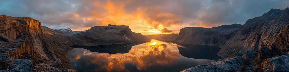 Poster - A panoramic view of Trolltunga at sunrise. with golden light illuminating the dramatic rock formation and reflecting in the fjord below. in 4K resolution