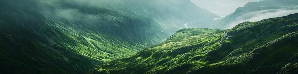 Poster - Panoramic view of the lush green mountains surrounding Trolltunga. glowing under soft light during early morning. in 4K resolution