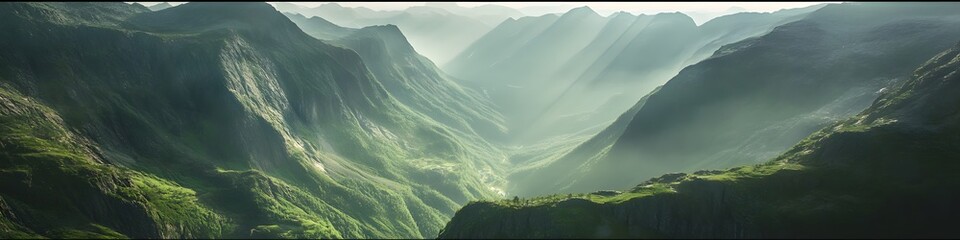 Poster - Panoramic view of the lush green mountains surrounding Trolltunga. glowing under soft light during early morning. in 4K resolution