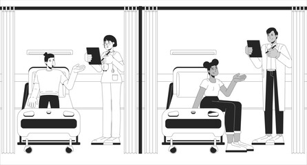 Fototapete - Emergency room patients black and white line illustration. ER medicine. Diverse people in hospital beds talking with physician, nurse 2D characters monochrome. Medical care outline vector image