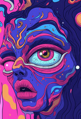  A woman with a very colorful face with a blue eye. The painting is very colorful and has a lot of detail