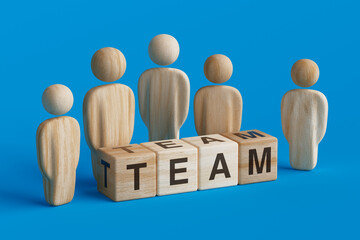 Aufkleber - Team Concept. Wooden Character Person Figure standing Near Wooden Cube Block with Team Sign. 3d Rendering