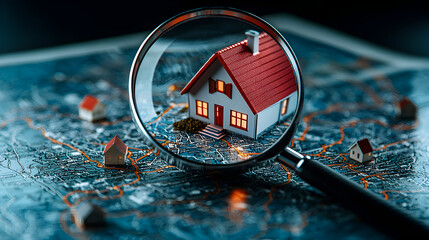 Poster - Miniature House Model Magnified on City Map Showing Locations