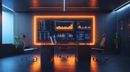 Poster - Modern office with large screen displaying data analytics.