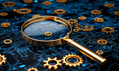 Poster - Magnifying Glass on Abstract Technology Background with Gears