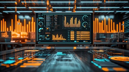 Poster - Futuristic data center with monitor displaying charts and graphs.