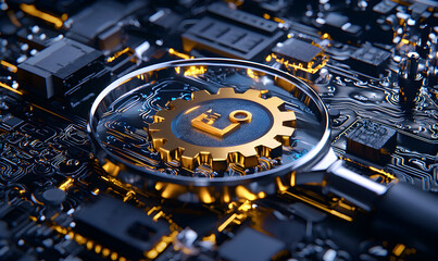 Poster - Golden Gear Icon on Circuit Board with Magnifying Glass Focus