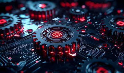 Poster - Dark Mechanical Gears with Red Lighting and Circuit Board Background