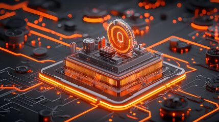 Poster - Futuristic Digital Circuit Board with Glowing Cryptocurrency Symbol