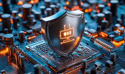 Poster - Futuristic Cybersecurity Shield on Circuit Board with Neon Lights
