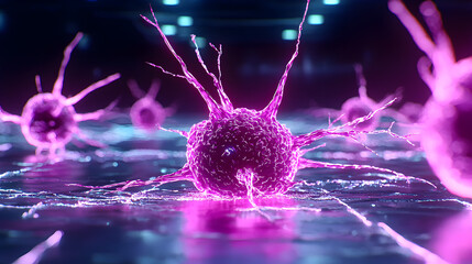 Poster - Intricate Neon Microscopic Cell with Vibrant Tentacles Amidst Light