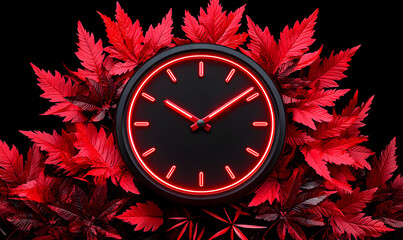 Poster - Neon Clock Surrounded by Vibrant Red Leaves Against Dark Background