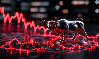 Poster - Metallic Bull Figurine on Digital Finance Background with Charts