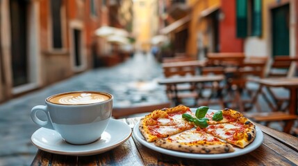 Italy vacations. Slices of pizza and a cup of espresso coffee with a picturesque Italian street in the backdrop.