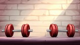 Colorful Dumbbells on a Wooden Surface Against a Brick Wall