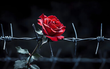 Canvas Print - Valentine A single red rose blossoms amidst barbed wire, representing hope and resilience despite adversity.