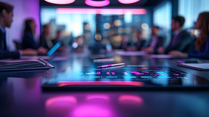 Poster - Business meeting, futuristic tech on table.