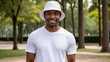 © QuoDesign - Black man wearing white t-shirt and white bucket hat standing in the park