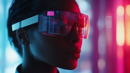 Poster - Woman wearing futuristic smart glasses, augmented reality interface displayed.
