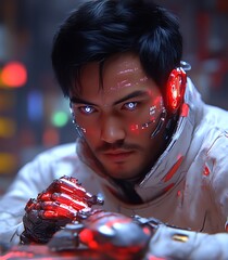 Cyberpunk man with glowing eyes and red robotic hand.