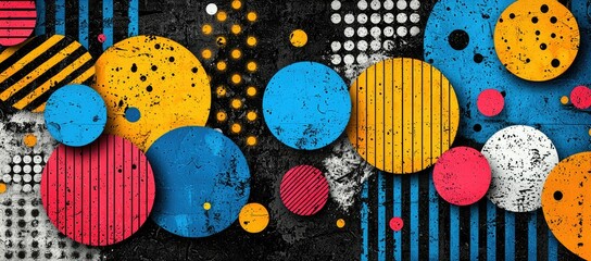 Wall Mural - Colorful abstract design with circles and stripes on a textured background.