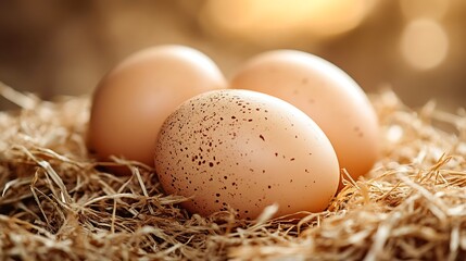 Three brown eggs in a hay nest