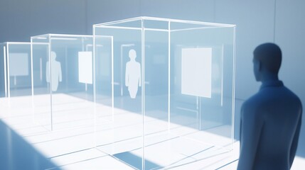 Aufkleber - Man viewing digital human profiles in glass cubes.