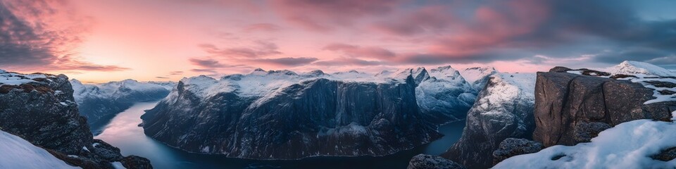 Aufkleber - Aerial panorama of Trolltunga surrounded by layers of cliffs and snow-dusted peaks glowing under twilight hues. in 4K resolution