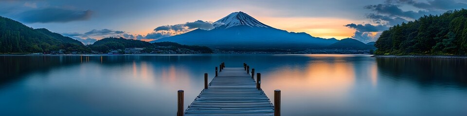 Aufkleber - Panoramic view of a wooden pier extending into Lake Kawaguchi. with Mount Fuji glowing under golden hour light. in 4K resolution