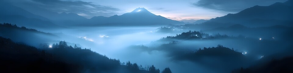 Poster - Wide-angle shot of Mount Fuji surrounded by dense fog. with the clear peak glowing under the first light of dawn. in 4K resolution