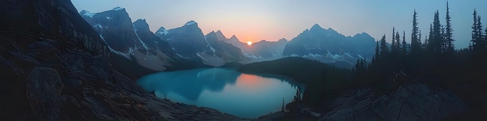 Poster - A panoramic view of Moraine Lake surrounded by towering peaks and vibrant turquoise waters glowing under golden sunrise. in 4K resolution