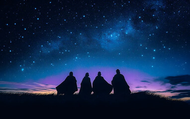 Canvas Print - Three figures silhouetted against a starry night sky, representing the three wise men following the star of Bethlehem.