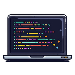 Coding Laptop Illustration, minimalist design featuring lines of code on a sleek laptop against a clean white background