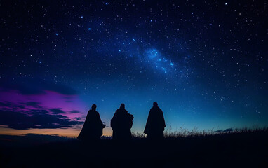 Wall Mural - three figures silhouetted against a starry night sky, representing the three wise men following the 