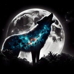 : A wolf howling against a bright full moon merges its image with a dense night forest. The mystical atmosphere is heightened by the blue glow, symbolizing the bond between nature and mystery.
