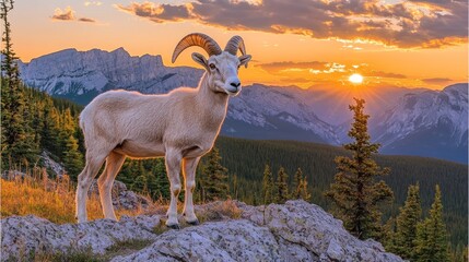 Poster - Majestic bighorn sheep stands on mountain peak at sunset.