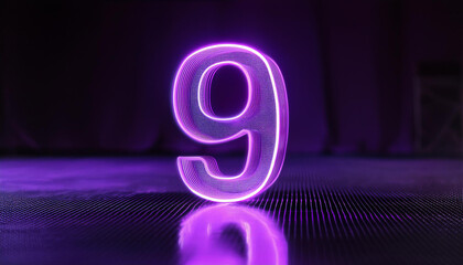 Fototapete - Neon number 9 nine. 3D rendering. Dark backdrop.