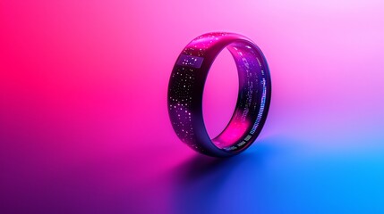 Poster - Futuristic smart ring with holographic display on vibrant background.