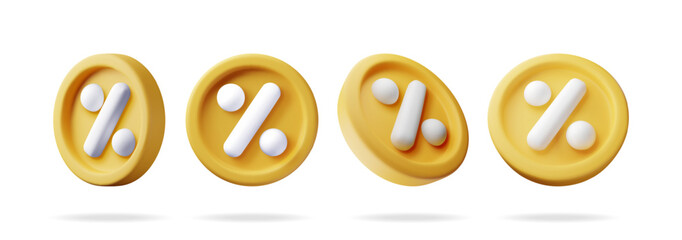 Poster - 3D set of percent sign in gold coin isolated. Render money, finance or business concept. Percentage, sale, discount, promotion and shopping symbol. Offer, price tag, coupon, bonus. Vector illustration