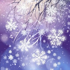 Poster - A dreamy winter landscape featuring delicate snowflakes softly falling against a gradient purple and blue background.