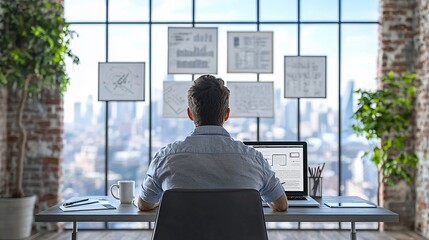 Poster - Man working at desk overlooking city.