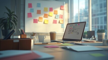 Aufkleber - Modern office workspace with laptop, sticky notes, and supplies.