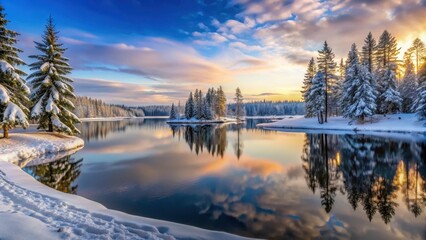 Wall Mural - Panoramic winter landscape at evening lake with pine trees and snow , winter, lake, evening, pine trees, snow, panoramic